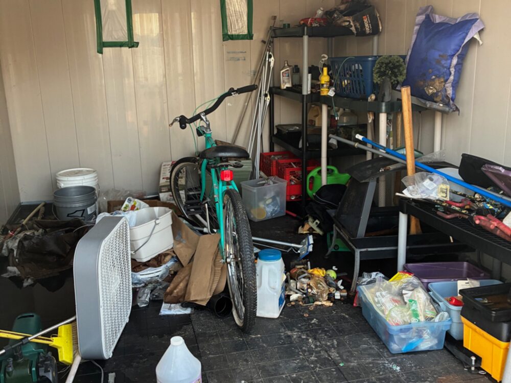 The inside of a garden shed packed to the walls with a bicycle, shelving, tools and stacked storage boxes