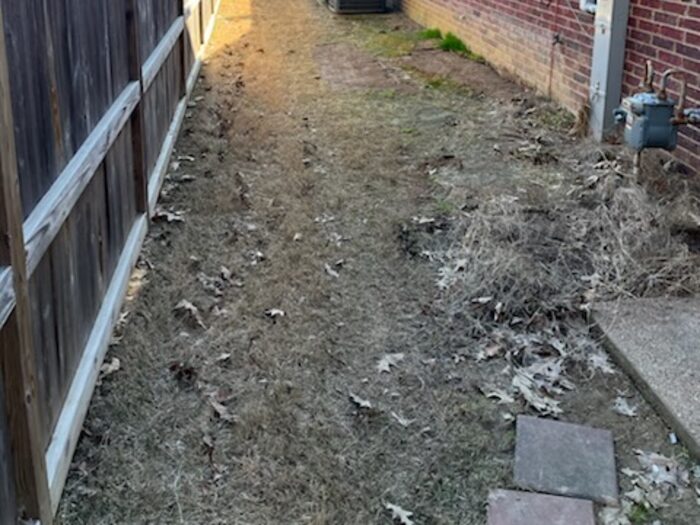 Scattered debris down the narrow side yard between a house and its fence